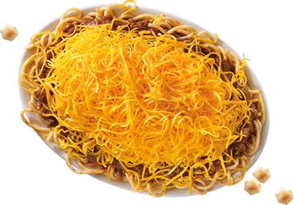 Overhead 3-Way – Skyline’s signature 3-Way with their original secret-recipe chili over noodles, topped with a mound of freshly shredded cheddar cheese.