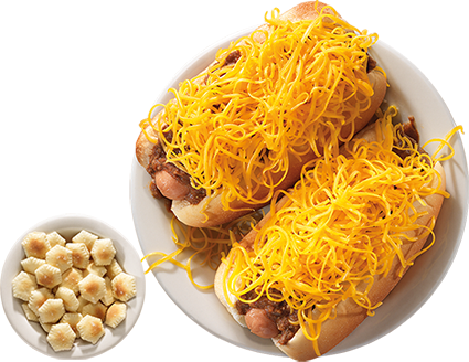 Cheese Coneys are served on freshly steamed buns with bowl of oyster crackers.