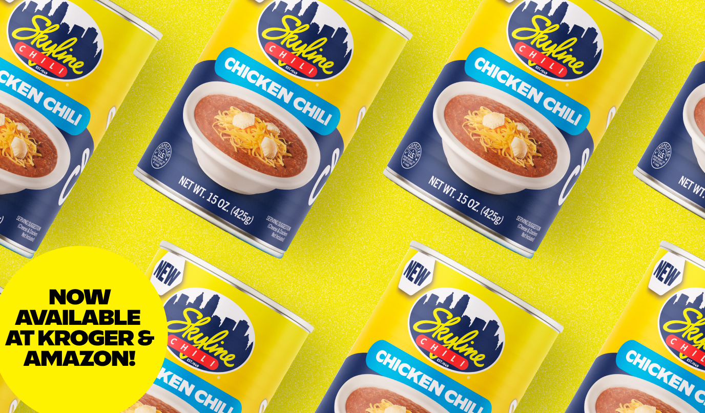 Image of top down view of repeating 15 oz cans of skyline chili and a badge that says 