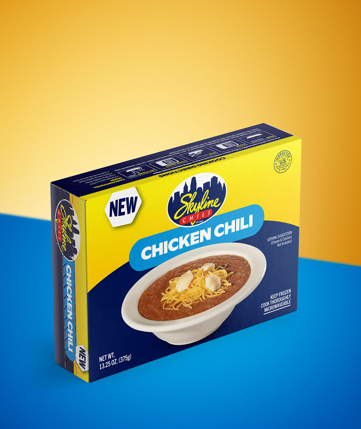 Packaging of chicken chili . 13.25 oz in frozen section