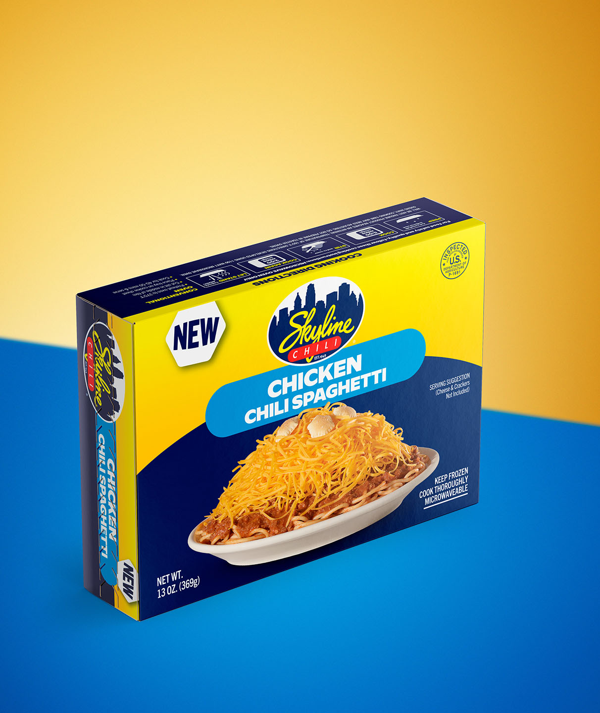 Packaging for Chicken Chili Spaghetti, 13 oz in frozen section
