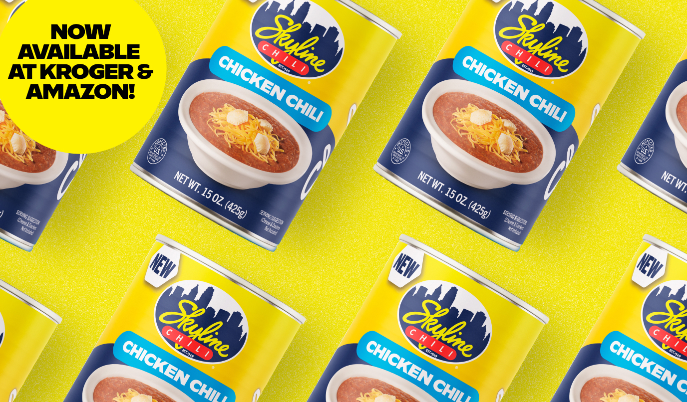 Image of top down view of repeating 15 oz cans of skyline chili and a badge that says 