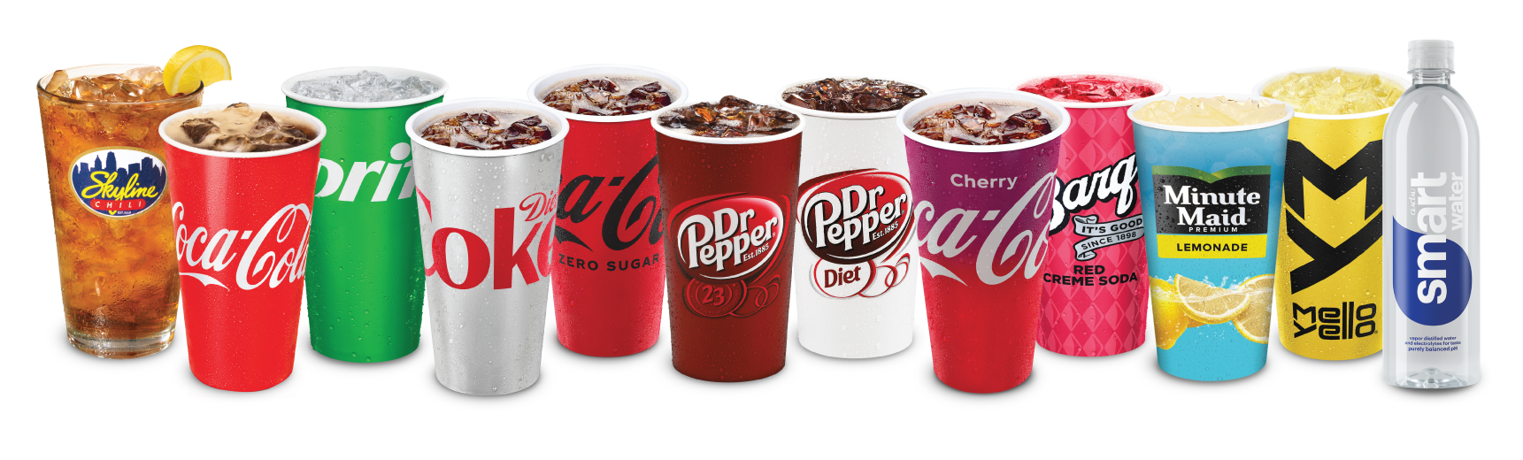 Iced tea, cocoa cola, sprite, diet coke, coke zero, dr. pepper, diet dr. pepper, cherry coke, barq's red cream soda, minute maid lemonade, mello yello and smart water